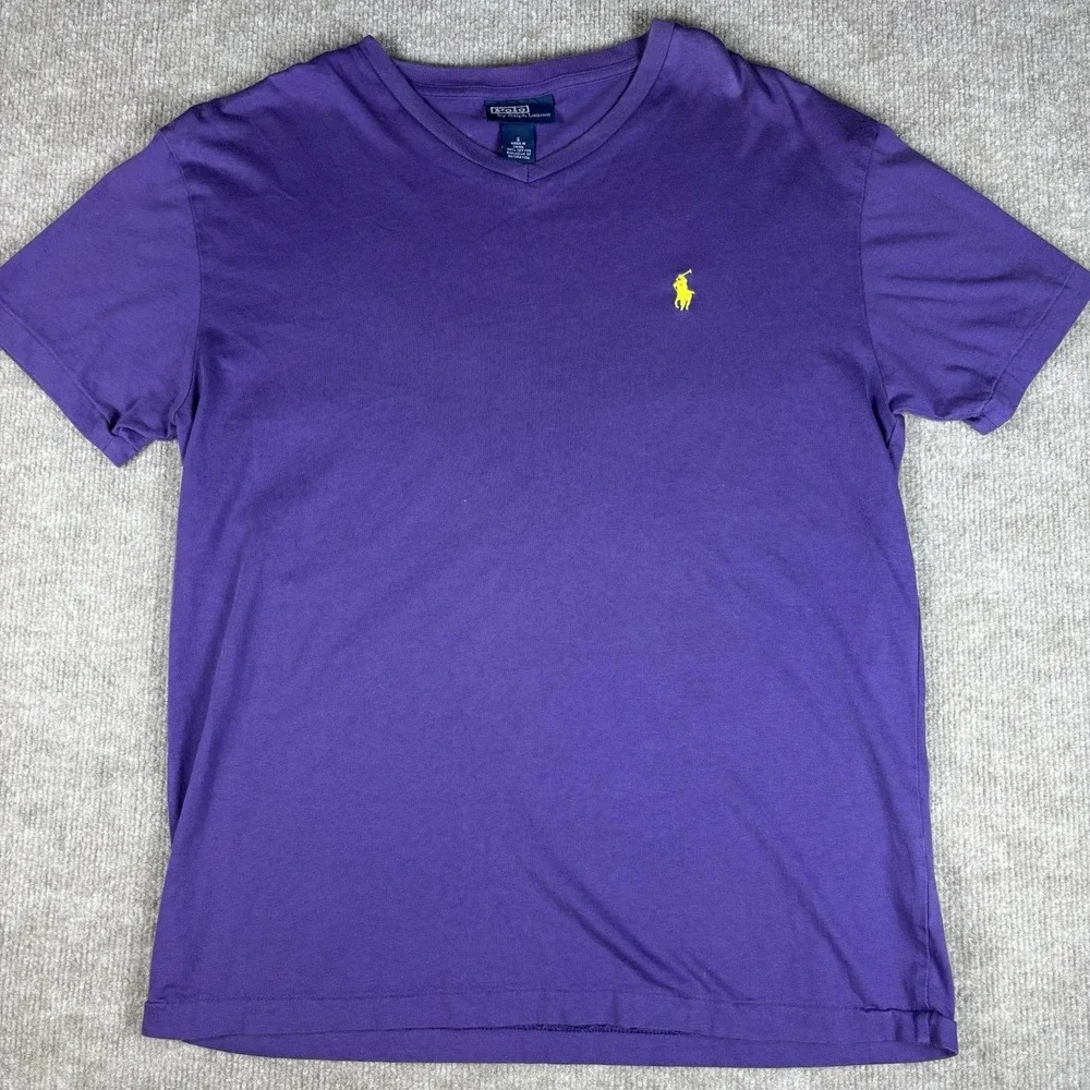 Polo Ralph Lauren Men's Purple V-Neck T-Shirt Yellow Pony Logo Cotton Size S